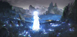 1girl absurdres blue_flower cloak elden_ring faceless field flower flower_field glowing highres jiuxiaoshi looking_up no_eyes scenery solo tagme tombstone