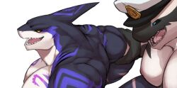 agitype01 bara black_sclera blue_eyes blush capt._locke_(xxl) colored_sclera commentary cropped dorsal_fin english_commentary fangs furry furry_male hat implied_yaoi looking_at_viewer male_focus muscular muscular_male open_mouth orca_boy orem_(xxl) pectorals sailor_hat shark_boy shark_fin sharp_teeth teeth unfinished upper_body white_background xxl_woofia yellow_eyes