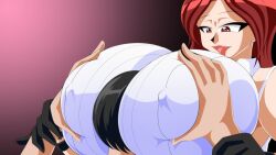 1girl between_breasts bouncing_breasts breast_rest breasts breasts_on_head curvy face_to_breasts female_focus gloves grabbing_another&#039;s_breast groping huge_breasts jiggle kaiman82 leather leather_gloves nipples pale_skin red_eyes red_hair shirt sleeveless the_king_of_fighters tight_clothes tight_shirt vanessa_(kof) white_shirt