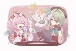 1boy 1girl anaxa_(honkai:_star_rail) beret black_hat chibi chibi_only closed_eyes closed_mouth creature dress eyepatch hat highres holding holding_phone honkai:_star_rail honkai_(series) hyacine_(honkai:_star_rail) little_ica_(honkai:_star_rail) neon_(irir_neon) one_eye_covered open_mouth phone red_dress red_hat smile twitter_username upper_body white_background