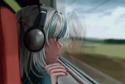 1girl blue_eyes blue_hair blue_nails blue_shirt blurry blurry_background closed_mouth day gawr_gura gawr_gura_(1st_costume) hair_ornament headphones highres hololive hololive_english long_hair looking_outside multicolored_hair nanaphawat portrait power_lines profile reflection shirt solo streaked_hair vehicle_interior virtual_youtuber white_hair window