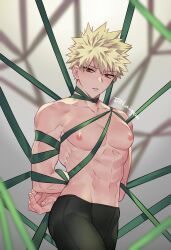 Rule 34 | 1boy, abs, absurdres, bakugou katsuki, bara, bdsm, blonde hair, blurry, blurry background, boku no hero academia, bondage, bound, highres, large pectorals, looking at viewer, male focus, misa (jjin miryeon), muscular, muscular male, navel, nipples, pectorals, red eyes, short hair, solo, spiked hair, topless male