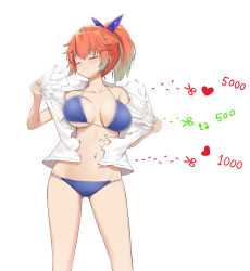 1girl aqua_hair bikini blue_bikini bow breasts closed_eyes closed_mouth dotted_line gradient_hair hair_bow highres hololive hololive_english joko_jmc large_breasts like_and_retweet multicolored_hair navel orange_hair ponytail shirt simple_background smile solo star_(symbol) star_print swimsuit takanashi_kiara tearing_clothes torn_clothes twitter_cutting_game virtual_youtuber white_background white_shirt