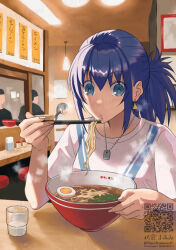 blue_eyes blue_hair bowl chopsticks dog_tags earrings eating egg_(food) food glass hardboiled_egg holding holding_bowl holding_chopsticks jewelry leona_heidern noodles nori_(seaweed) ponytail qr_code ramen restaurant sakura_mafumi shirt slurping the_king_of_fighters triangle_earrings