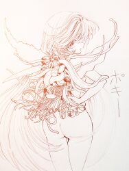 1girl ass asymmetrical_wings aya_carmine banana body_horror commentary_request completely_nude flower_wings food from_behind fruit greyscale highres holding holding_food holding_fruit leaf_wings long_hair looking_at_viewer looking_back millipen_(medium) mismatched_wings monochrome nude open_mouth pen_(medium) plant_wings profile sayonara_wo_oshiete simple_background sketch smile snake solo sugamo_mutsuki tendril tongue traditional_media very_long_hair wings
