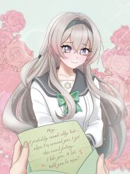 1girl 1other absurdres blush bow bowtie closed_mouth firefly_(honkai:_star_rail) firefly_(spring_missive)_(honkai:_star_rail) floral_background gradient_eyes green_bow green_bowtie green_pupils grey_hair grey_hairband grey_sailor_collar hair_between_eyes hair_intakes hair_tubes hairband highres honkai:_star_rail honkai_(series) letter long_sleeves love_letter multicolored_eyes nyanyako_art plaid_bow plaid_bowtie plaid_clothes sailor_collar smile sparkle white_sleeves