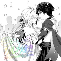 1boy 1girl aged_up alternate_hairstyle armlet armor belt blunt_ends blush bow bracelet braid breasts bridal_gauntlets cape caramelo_game cleavage confetti crowd dancing detached_sleeves dress eyelashes facing_another furisode genshin_impact greyscale hair_ornament hakama hakama_shorts half_up_braid highres holding_hands japanese_armor japanese_clothes jewelry kimono kote leaf leaf_hair_ornament long_hair monochrome nahida_(genshin_impact) neck_ring open_mouth pleated_shorts pointy_ears rope sash scaramouche_(genshin_impact) shorts skirt_hold small_breasts strapless strapless_dress sweatdrop tsurime twitter_username wanderer_(genshin_impact) watermark