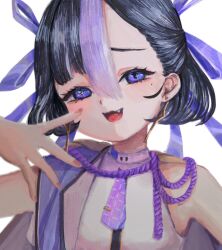Rule 34 | 1girl, black hair, blush, cosmos 34, earrings, fang, furrowed brow, goddess of victory: nikke, hair ribbon, hand up, highres, jacket, jewelry, looking at viewer, mole, mole under eye, multicolored hair, nail polish, necktie, open mouth, purple eyes, purple hair, purple jacket, purple necktie, purple ribbon, ribbon, shirt, short hair, short necktie, single bare shoulder, sleeveless, solo, standing, streaked hair, syuen (nikke), tongue, two-sided fabric, two-sided jacket, upper body, white background, white shirt