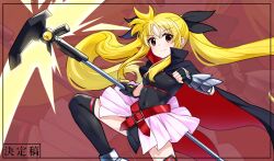 Rule 34 | 1girl, bardiche (nanoha), black leotard, black thighhighs, blonde hair, blush, breasts, cape, closed mouth, covered navel, fate testarossa, highres, hiroshi (hunter-of-kct), leotard, long hair, looking at viewer, lyrical nanoha, magical girl, mahou shoujo lyrical nanoha, mahou shoujo lyrical nanoha a&#039;s, red eyes, small breasts, smile, solo, thighhighs, twintails