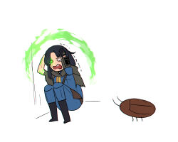 1girl arms_up black_boots black_gloves black_hair blue_jumpsuit boots bug chibi clarity_jade cockroach commentary english_commentary fallout fallout_3 gloves glowing glowing_eye green_eyes insect jumpsuit lone_wanderer milramemo pip_boy radioactive radroach simple_background sitting solo tears trembling vault_suit white_background