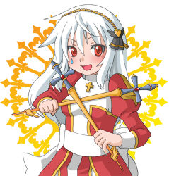 1girl :d back_bow blush bow breasts commentary_request cowboy_shot cross dress dual_wielding high_priest_(ragnarok_online) holding holding_staff juliet_sleeves long_hair long_sleeves looking_at_viewer monou0135 open_mouth pearl_hairband puffy_sleeves ragnarok_online red_dress red_eyes sash small_breasts smile solo staff two-tone_dress white_background white_bow white_dress white_hair white_sash