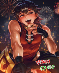 1boy artist_name bare_arms bludwing blush brown_eyes brown_hair eyebrow_piercing face_piercing fingerless_gloves fireworks gaming_(genshin_impact) genshin_impact gloves hair_between_eyes highres looking_at_viewer male_focus medium_hair mole mole_on_neck piercing red_shirt saliva shiny_skin shirt sleeveless solo sweat toned toned_male tongue tongue_out tongue_piercing twitter_strip_game