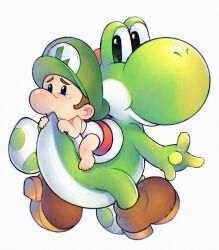 1boy baby_luigi boots brown_footwear brown_hair crying crying_with_eyes_open diaper green_headwear hat highres luigi male_focus mario_(series) nintendo saiwoproject shell short_hair simple_background super_mario_world_2:_yoshi&#039;s_island tears white_background yoshi yoshi_egg