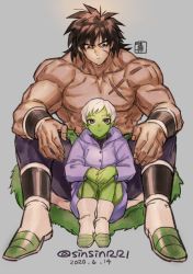 1boy 1girl artist_name black_hair boots broly_(dragon_ball_super) cheelai colored_skin dated dragon_ball dragon_ball_super dragon_ball_super_broly green_skin grey_background jacket manly pelt purple_eyes scar topless_male sinsin12121 sitting sitting_on_lap sitting_on_person smile spiked_hair white_hair