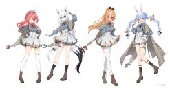 4girls absurdres ahoge animal_ears beret black_socks blonde_hair blue_hair boots braid brown_boots closed_mouth dark-skinned_female dark_skin elf fox_ears fox_girl fox_tail full_body glasses green_eyes hand_on_own_hip hat highres hololive long_hair long_sleeves looking_at_viewer multicolored_hair multiple_girls official_art open_mouth pink_hair pointing pointing_at_viewer pointy_ears rabbit_girl red_eyes sakura_miko sample_watermark shirakami_fubuki shiranui_flare simple_background skirt smile socks standing streaked_hair tail thigh_strap thighhighs twin_braids twintails usada_pekora virtual_youtuber watermark white_background white_hair white_skirt white_thighhighs yu-ri_(arium047)