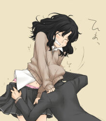 1boy 1girl amagami blush closed_eyes embarrassed head_under_another&#039;s_clothes navel panties simple_background skirt sweater tanamachi_kaoru under_another&#039;s_clothes underwear