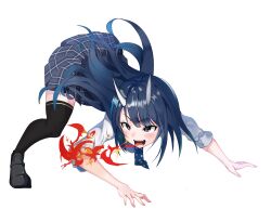 1girl absurdres agm all_fours aoki_ruri bent_over black_shoes black_thighhighs blue_eyes blue_hair blue_necktie blue_skirt breath_weapon breathing_fire dragon_girl dragon_horns fangs fire full_body highres horns loafers long_hair necktie open_mouth plaid_clothes plaid_skirt pleated_skirt ruri_dragon school_uniform shirt shoes short_sleeves simple_background skirt slit_pupils solo thighhighs v-shaped_eyebrows white_background white_shirt