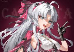 1girl :d ahoge aqua_eyes armpit_crease black_gloves bow breasts carlotta_(wuthering_waves) chinese_commentary commentary_request earrings gloves hair_bow hairband hand_up highres jacket jewelry long_hair looking_at_viewer medium_breasts open_mouth parted_bangs pink_background pink_bow pink_hairband pink_jacket sidelocks smile solo striped_bow upper_body vanilla_chocolate w white_hair wuthering_waves