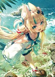 1girl :d absurdres ahoge animal_ear_fluff animal_ears arms_behind_back bikini bikini_under_clothes blonde_hair blue_bikini blue_bow blue_eyes blue_hair blue_sailor_collar blunt_bangs bow cat_ears commentary day dress extra_ears fins fish_girl fish_tail frilled_shirt_collar frills full_body hair_bow highres indie_virtual_youtuber khoaphan96 lifebuoy_hair_ornament long_hair looking_at_viewer low_twintails multicolored_hair navel one_side_up open_mouth outdoors sailor_collar sailor_dress sameko_saba sandals short_shorts shorts sleeveless sleeveless_dress smile solo streaked_hair striped_bikini striped_clothes swimsuit tail teeth twintails upper_teeth_only very_long_hair virtual_youtuber water white_dress white_hair white_shorts