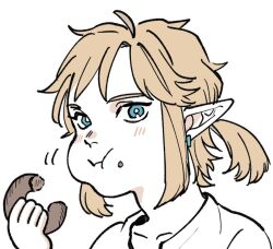 1boy :t blonde_hair blue_eyes blush chewing collarbone commentary donut earrings food food_on_face holding holding_donut holding_food jewelry link long_pointy_ears looking_at_viewer male_focus nintendo parted_bangs piercing pointy_ears ponytail shirt short_ponytail simple_background single_earring solo symbol-only_commentary teto_ten the_legend_of_zelda the_legend_of_zelda:_breath_of_the_wild upper_body white_background white_shirt