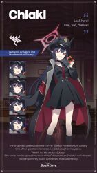 &gt;_&lt; 1girl :d absurdres assault_rifle black_hair black_horns black_jacket black_shirt black_skirt black_socks blue_archive camera chiaki_(blue_archive) choker commentary demon_horns dydldidl english_commentary english_text gehenna_academy_logo gun halo hat highres holding holding_camera horns jacket long_hair looking_at_viewer multiple_expressions necktie official_art open_mouth pointy_ears red_eyes red_halo red_necktie rifle shirt skirt smile socks stg44 weapon xd