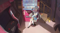 1girl 20cnanmin acacia_(snowbreak) arcade_cabinet bicycle black_gloves blue_hat box can cardboard_box crossed_legs double_v eyepatch fishnet_thighhighs fishnets gloves grey_hair hat highres looking_at_viewer on_chair shirt sitting slippery_when_wet_sign snowbreak:_containment_zone socks solo thighhighs twintails unused_tire v vending_machine white_shirt white_socks yellow_eyes