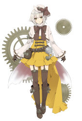 1girl absurdres armband belt belt_pouch boots bow brown_belt brown_boots brown_bow brown_gloves brown_thighhighs buttons corset cropped_jacket expressionless eyelashes frilled_bow frilled_skirt frills full_body garter_straps gear_hair_ornament gears gloves hat hat_bow head_tilt high-low_skirt high-waist_skirt high_collar highres jacket kinoshita_sakura knee_boots leather leather_boots looking_at_viewer multiple_belts parted_lips pink_lips pouch riko_(sweet_dreams) short_hair sidelocks skirt solo steampunk striped_bow striped_clothes striped_thighhighs sweet_dreams_(kinoshita_sakura) thick_eyebrows thighhighs top_hat white_hair white_jacket yellow_eyes yellow_skirt zettai_ryouiki