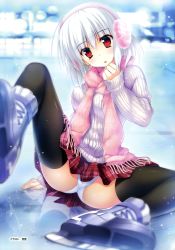 1girl absurdres black_thighhighs blurry censored character_request convenient_censoring copyright_request depth_of_field earmuffs female_focus grey_hair highres ice_skates ice_skating panties plaid_clothes plaid_skirt red_eyes ribbed_sweater scarf skates skating skirt solo spread_legs sweater thighhighs tsukinon underwear upskirt white_panties