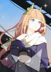 1girl absurdres adjusting_scarf blue_coat blue_eyes blue_sky blunt_bangs breath building buttons casual coat crescent_moon cup disposable_coffee_cup disposable_cup double-breasted ear_covers hairband hand_up hashtag-only_commentary highres holding holding_cup long_hair looking_to_the_side moon orange_hair parted_lips power_lines scarf shikahisa_totani signature silence_suzuka_(umamusume) sky solo sparkle standing turning_head umamusume utility_pole white_hairband white_scarf winter_clothes winter_coat