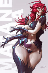 Rule 34 | 1girl, aleriia v, amaha masane, antenna hair, armor, bikini armor, black sclera, blush, breasts, character name, cleavage, colored sclera, crotch plate, highres, large breasts, legs, long hair, looking at viewer, mature female, navel, nipples, powered-up masane, red hair, smile, solo, thighs, witchblade
