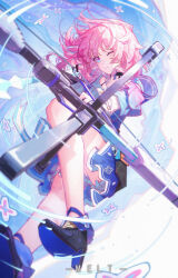 1girl ankle_boots arrow_(projectile) artist_name black_boots black_choker black_overskirt blue_boots blue_eyes blue_jacket blue_skirt boots bow_(weapon) bra_strap choker commentary drawing_bow english_commentary flower_ornament full_body gradient_clothes gradient_jacket highres holding holding_bow_(weapon) holding_weapon honkai:_star_rail honkai_(series) jacket looking_at_viewer march_7th_(honkai:_star_rail) march_7th_(preservation)_(honkai:_star_rail) medium_hair meirong miniskirt multicolored_eyes one_eye_closed overskirt pink_eyes pink_hair pink_jacket pink_pupils shirt skirt smile solo two-tone_eyes weapon white_shirt