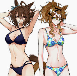 2girls agnes_tachyon_(umamusume) ahoge animal_ears aqua_bikini armpits arms_behind_head bare_arms bikini black_bikini breasts breasts_apart brown_hair cleavage cowboy_shot criss-cross_halter crossed_bangs didi_(whaqlrpwjd) ear_ornament floral_print groin hair_between_eyes hair_tie hair_tie_in_mouth halterneck hand_in_own_hair hand_up horse_ears horse_girl horse_tail jewelry jungle_pocket_(umamusume) looking_at_viewer medium_breasts mouth_hold multiple_girls navel necklace notched_ear ponytail red_eyes simple_background skinny small_breasts smile swimsuit tail teeth_hold tying_hair umamusume white_background