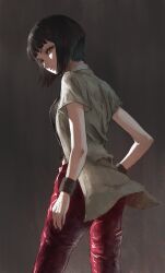 1girl absurdres bakemonogatari bob_cut cropped_legs highres kagenui_yozuru looking_at_viewer looking_back medium_hair monogatari_(series) pants red_pants ryo_(r9030397) shadow shirt short_sleeves solo white_shirt