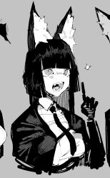 Rule 34 | 10 4 (10f0ur), 1girl, animal ear fluff, animal ears, blunt bangs, blunt sidelocks, blush, fangs, fox ears, fox girl, greyscale, highres, hoshimi miyabi, jacket, long hair, monochrome, necktie, open mouth, pointing, pointing up, shirt, sidelocks, solo, upper body, zenless zone zero