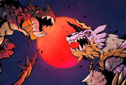 Rule 34 | blue fur, colored skin, confrontation, debris, digimon, dragon, fake horns, full moon, helmet, highres, horned helmet, horns, monster hunter (series), moon, no humans, open mouth, orange skin, red eyes, red moon, reusgreymon, ridgeone, scales, sharp teeth, slit pupils, spiked tail, spikes, tail, teeth, two-tone fur, yellow horns, yellow scales, yellow skin, zinogarurumon