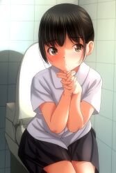 Rule 34 | 1girl, absurdres, black hair, black skirt, brown eyes, closed mouth, commentary request, highres, interlocked fingers, matsunaga kouyou, miniskirt, original, own hands together, shirt, short hair, short sleeves, sitting, skirt, solo, toilet, white shirt
