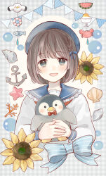 1girl anchor beret blue_bow blue_eyes blue_hat blue_sailor_collar blush bow braid brown_hair commentary_request coral crab cropped_torso dot_nose fish flower food frilled_sailor_collar frilled_shirt_collar frills fruit hair_bow hat holding holding_stuffed_toy long_sleeves looking_at_viewer neckerchief open_mouth original plaid_background puffy_long_sleeves puffy_sleeves red_neckerchief sailor_collar seashell shell shirt short_hair side_braid smile solo star_(symbol) straight-on striped_bow stuffed_animal stuffed_penguin stuffed_toy sunflower tententuyu upper_body watermelon watermelon_slice white_shirt
