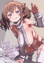 1girl alice_gear_aegis breasts brown_hair detached_sleeves happy_birthday highres kimikage_yui large_breasts looking_at_viewer meme_attire panties puddinghomhom purple_eyes ribbed_thighhighs smile solo sweater thighhighs twintails underwear virgin_destroyer_sweater white_panties white_sweater