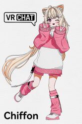 1girl ;d ahoge animal_ear_fluff animal_ears blonde_hair blush bow bowtie cat_ears cat_girl character_name chiffon_(vrchat) double_v full_body hair_ornament hands_up highres hood hoodie leg_warmers long_hair long_sleeves looking_at_viewer loose_socks low_twintails multicolored_hair one_eye_closed open_mouth pink_bow pink_bowtie pink_eyes pink_hoodie pink_shirt pink_shorts pink_socks purple_eyes red_bow red_bowtie sailor_collar shirt shoes shorts simple_background sleeves_past_wrists smile sneakers socks solo speech_bubble standing standing_on_one_leg sweater twintails user_rxra8372 v very_long_hair vrchat white_background white_hoodie white_shoes wing_hair_ornament
