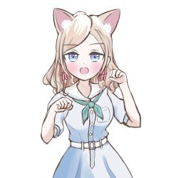 Rule 34 | 1girl, :d, animal ear fluff, animal ears, blue dress, blue eyes, breast pocket, breasts, ceras yanagida lilienfeld, commentary request, cowboy shot, dress, fox ears, grey hair, hair ribbon, hasu no sora school uniform, highres, himizusan, large breasts, link! like! love live!, long hair, looking at viewer, love live!, open mouth, paw pose, pink ribbon, pleated dress, pocket, puffy short sleeves, puffy sleeves, ribbon, sailor collar, sailor dress, school uniform, short sleeves, smile, solo, standing, straight-on, summer uniform, virtual youtuber, white sailor collar