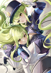 2girls armband blue_archive blue_armband blue_jacket blue_shorts blue_skirt commentary gloves green_hair green_halo halo hat highres hikari_(blue_archive) jacket long_hair looking_at_viewer midriff miniskirt multiple_girls navel nozomi_(blue_archive) pantyhose parted_lips peaked_cap pleated_skirt pointy_ears short_shorts shorts siblings sisters skirt suidou_chaahan twins twintails very_long_hair white_gloves white_pantyhose yellow_eyes