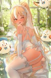 1girl ass blonde_hair blush bow breasts bridal_gauntlets bridal_lingerie bridal_veil cleavage elf frilled_thigh_strap garter_belt garter_straps hai_0013 highres hololive large_breasts lingerie long_hair looking_at_viewer multicolored_hair one_eye_closed open_mouth pointy_ears ponytail red_eyes shiranui_flare sidelocks smile solo streaked_hair thigh_strap thighhighs underwear veil virtual_youtuber white_thighhighs