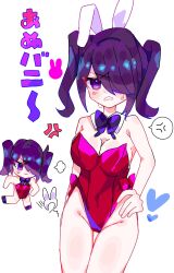 1girl ame-chan_(playboy_bunny)_(needy_girl_overdose) animal_ears black_hair bow bowtie breasts bunny_headphones cleavage frown hair_ornament hair_over_one_eye headphones highres itomakirichan leotard looking_at_viewer multiple_views needy_girl_overdose playboy_bunny purple_eyes rabbit_ears red_leotard short_twintails speech_bubble spoken_expression sweatdrop thighs twintails white_background x_hair_ornament