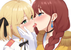 2girls ahoge anisphia_wynn_palettia black_ribbon blonde_hair blush bob_cut brown_hair commentary_request earrings eye_contact french_kiss green_eyes highres incest jewelry kiss looking_at_another mother_and_daughter multiple_girls neck_ribbon open_mouth ribbon simple_background sylphine_maise_palettia tensei_oujo_to_tensai_reijou_no_mahou_kakumei tongue tongue_out tsuruyama_(tenten) white_background yuri