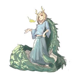 1girl antlers bifidus_(exkagerou8665) blonde_hair blue_shirt breath_weapon breathing_fire dragon_girl dragon_horns dragon_tail fire full_body fur-tipped_tail green_scales green_tail highres horns kicchou_yachie looking_at_viewer monster_girl open_mouth red_eyes scales shirt short_hair simple_background skirt solo square_neckline standing tail touhou turtle_shell white_background yellow_horns