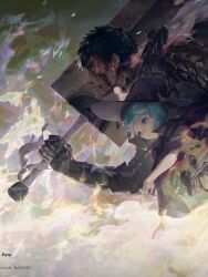 1boy 1girl absurdres armor bandages berserk black_hair blood blood_from_mouth blood_on_face blue_eyes blue_hair crying crying_with_eyes_open fire gauntlets guts_(berserk) hat highres holding holding_sword holding_weapon huge_weapon looking_at_viewer parted_lips profile schierke_(berserk) short_hair spencer_sais spiked_hair sword tears teeth upper_body weapon witch witch_hat