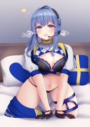 Rule 34 | 1girl, all fours, bed, black bra, black gloves, black panties, blue eyes, blue hair, blue skirt, bra, breath, checkered clothes, gloves, gotland (2020 race queen) (kancolle), gotland (kancolle), headphones, headset, highres, kantai collection, long hair, microphone, nagi kantai114, panties, pillow, ponytail, race queen, shrug (clothing), skirt, solo, swedish flag, underwear, unworn skirt, white shrug
