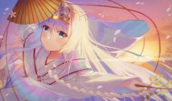 Rule 34 | 1girl, alternate costume, blush, branch, closed mouth, commentary request, dancing, evening, flowingcrescent, folding fan, hand fan, highres, holding, holding branch, holding fan, japanese clothes, kimono, lens flare, long hair, long sleeves, looking at viewer, miko, naruse shiroha, outdoors, red ribbon, ribbon, ribbon-trimmed kimono, ribbon trim, sky, solo, straight hair, summer pockets, sun, upper body, white hair, white kimono, wide sleeves