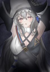 1girl absurdres arknights arms_up black_hat breasts cleavage commentary_request dark grey_hair hair_between_eyes hat highres large_breasts long_hair looking_at_viewer mameppu open_mouth outstretched_arms pink_eyes solo specter_(arknights) specter_the_unchained_(arknights) strap two-sided_fabric two-sided_headwear upper_body white_hat