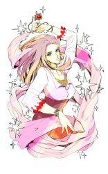 Rule 34 | 1girl, battle tendency, breasts, commentary request, earrings, high-waist skirt, highres, holding, holding jewelry, holding necklace, holding removed eyewear, jewelry, jojo no kimyou na bouken, lisa lisa, medium breasts, michiru (amphibian), necklace, pink hair, pink scarf, pink shirt, red stone of aja, scarf, shirt, skirt, solo, sunglasses, unworn eyewear, upper body, yellow lips